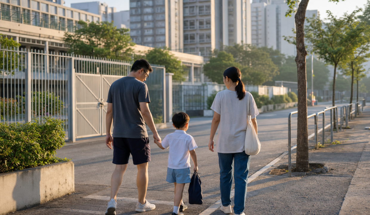 屯門住宅區旁一家人步行上學