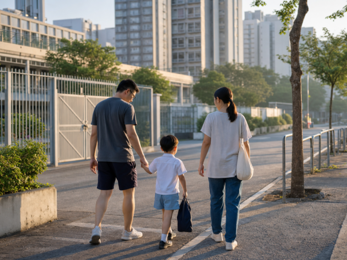 屯門住宅區旁一家人步行上學
